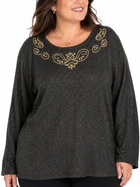 Tradition Plus 2X Black Gold Metallic Glitter Knit Top Embroidered Plus Size
